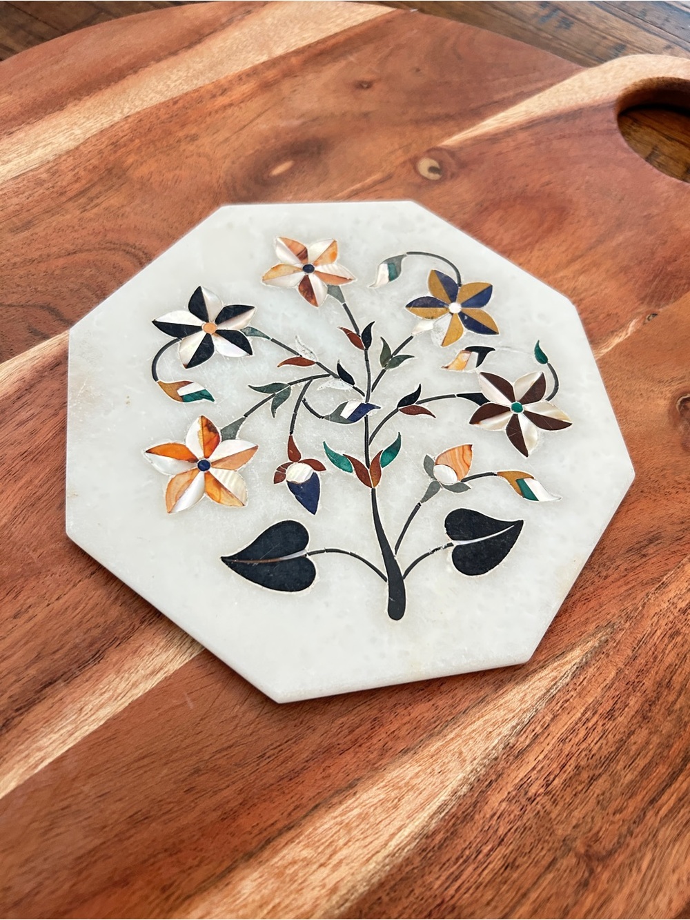 Octagonal Inlay Marble Trivet with Floral Motif